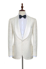 Classy Jacquard White Tuxedos for Wedding Silk Shawl Lapel One Button Wedding Suit for Men-Ballbella