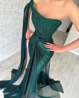 Classy Long Dark Green Mermaid Sleeveless Prom Dresses Long Slit Online-Ballbella
