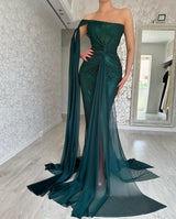 Classy Long Dark Green Mermaid Sleeveless Prom Dresses Long Slit Online-Ballbella