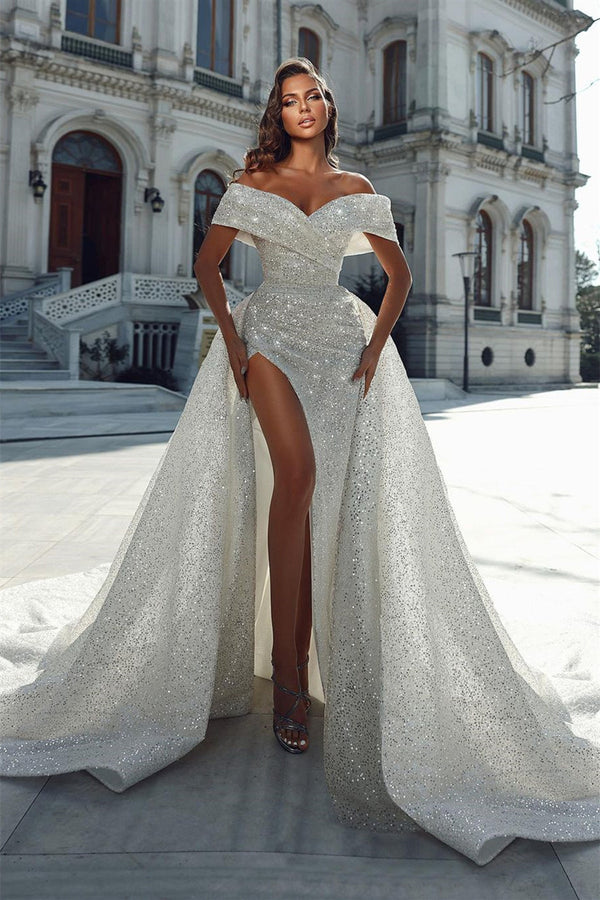 Classy Long Off-the-Shoulder Sequins Wedding Dress Long Slit Online-Ballbella