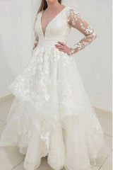 Classy Long Sleeves V-Neck Garden Lace A-Line Wedding Dresses-Ballbella
