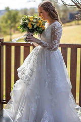 Classy Long Sleeves V-Neck Garden Lace A-Line Wedding Dresses-Ballbella