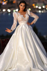 Classy Long Sleeves V-neck Satin Wedding Dresses with Lace-Ballbella