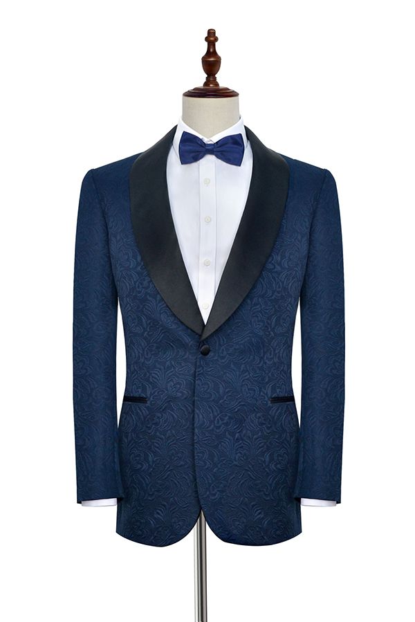 Classy Navy Blue Mens Suits for Weddings Jacquard Black Silk Shawl