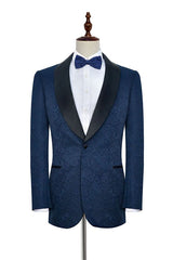 Classy Navy Blue Mens Suits for Weddings Jacquard Black Silk Shawl Lapel Prom Suits-Ballbella
