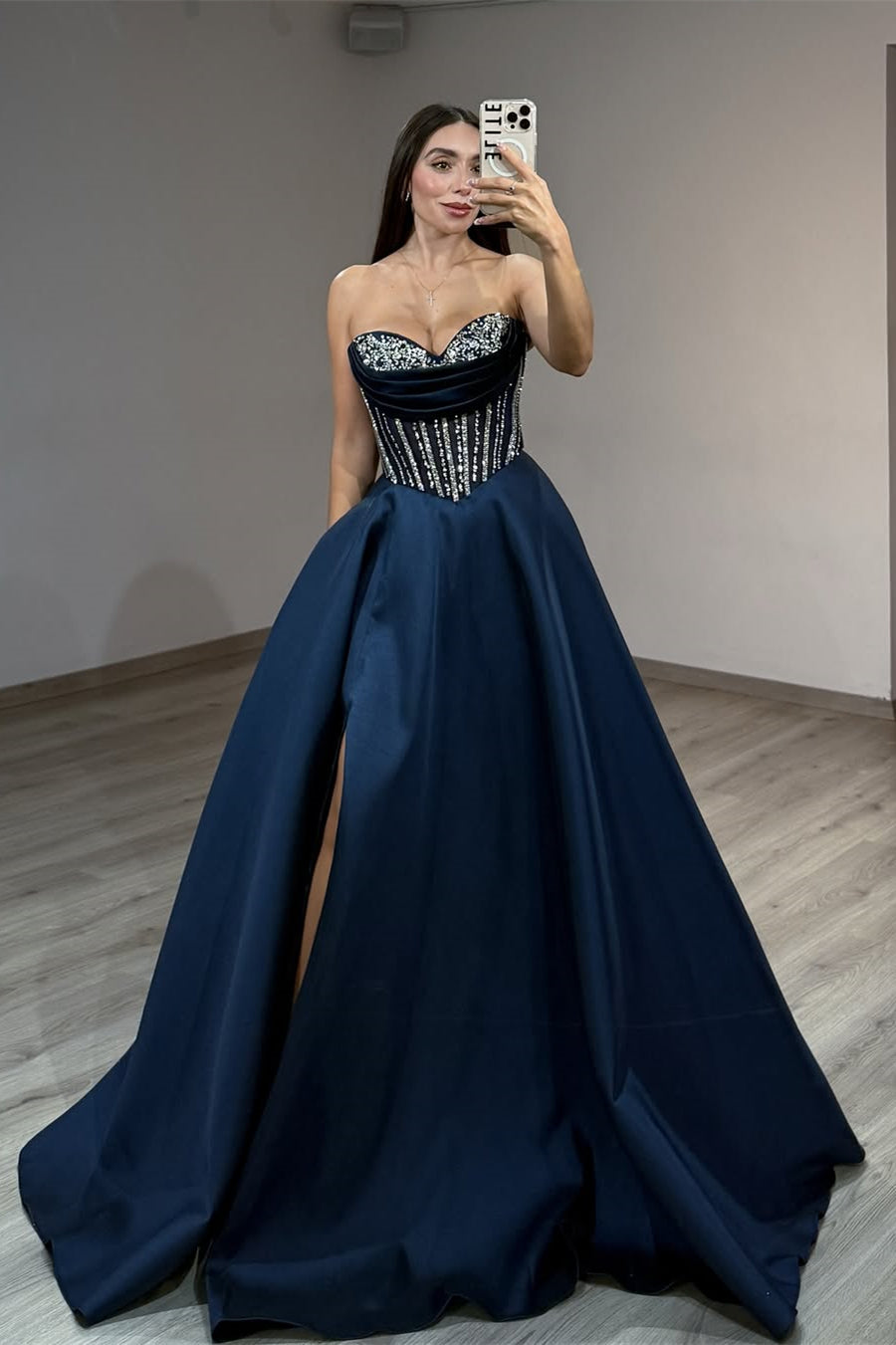 blue dress for baby girl Classy Navy Blue Sweetheart Strapless Sleeveless Satin Prom Dress A-Line High Split Gem with Lace-Up Back Pockets