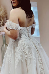 Classy Off the Shoulder Strapless A-Line Lace Tulle Wedding Dresses-Ballbella