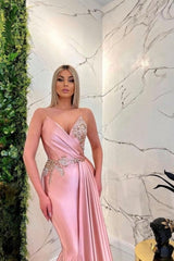 Classy Pink Spaghetti-Straps Sleeveless Mermaid Evening Dresses-Ballbella