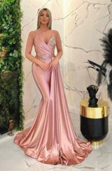 Classy Pink Spaghetti-Straps Sleeveless Mermaid Evening Dresses-Ballbella