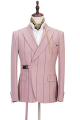 Classy Pink Striped Peaked Lapel Fitted Men Suits Online-Ballbella