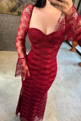 Classy Red Sweetheart Long Sleeve Prom Dress Mermaid Sheath Lace With Zipper-Ballbella