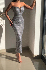 Classy Silver Strapless Sleeveless Mermaid Glitter Evening Dresses-Ballbella