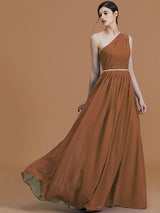 Classy Sleeveless One Shoulders Beading Chiffon Bridesmaid Dresses-Ballbella
