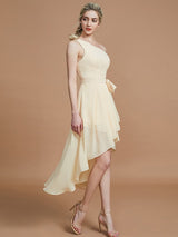 Classy Sleeveless One Shoulders Layers Asymmetrical Chiffon Bridesmaid Dresses-Ballbella