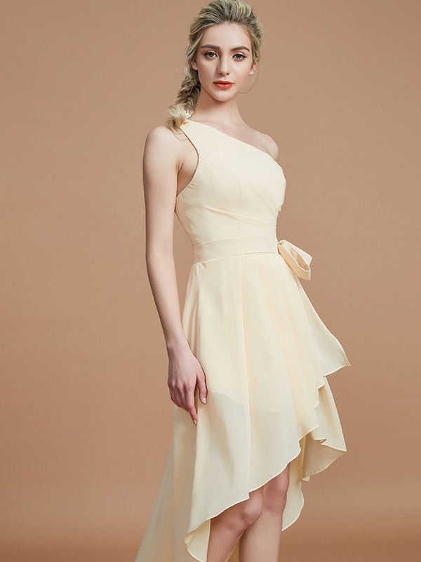 A-Line Charming One Shoulder Sleeveless Layers Asymmetrical Chiffon Bridesmaid Dresses