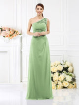 Classy Sleeveless One Shoulders Long Satin Bridesmaid Dresses-Ballbella