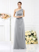 Classy Sleeveless One Shoulders Long Satin Bridesmaid Dresses-Ballbella