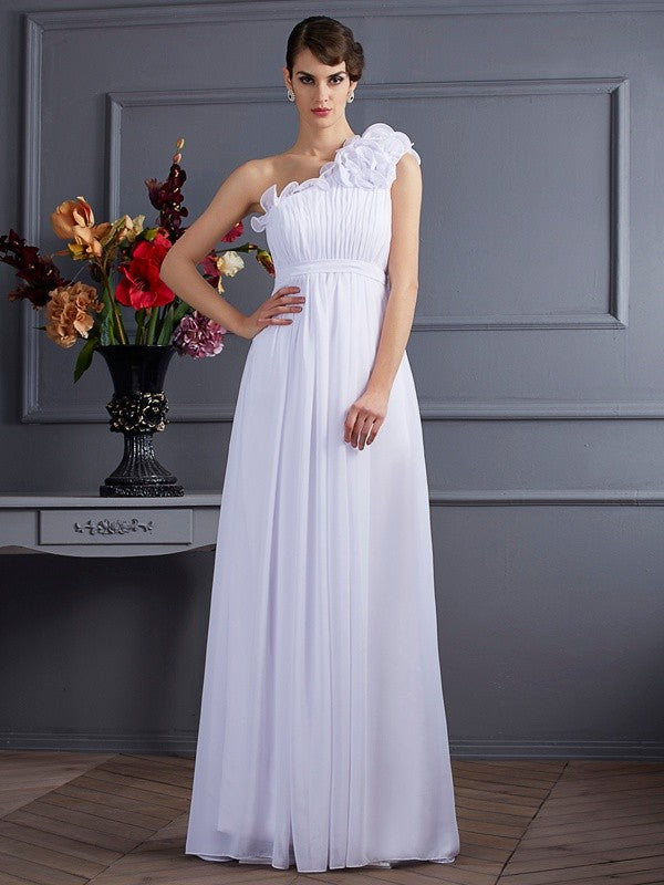 Classy Sleeveless One Shoulders Pleats Applique Long Chiffon Dresses
