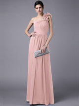 Classy Sleeveless One Shoulders Pleats Long Chiffon Bridesmaid Dresses-Ballbella