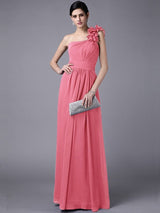 Classy Sleeveless One Shoulders Pleats Long Chiffon Bridesmaid Dresses-Ballbella
