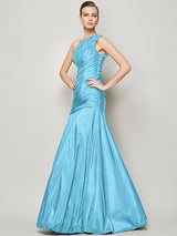 Classy Sleeveless One Shoulders Pleats Long Taffeta Bridesmaid Dresses-Ballbella