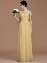 Classy Sleeveless One Shoulders Ruched Chiffon Bridesmaid Dresses-Ballbella