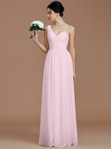 Classy Sleeveless One Shoulders Ruched Chiffon Bridesmaid Dresses-Ballbella