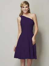 Classy Sleeveless One Shoulders Ruched Short Chiffon Bridesmaid Dresses-Ballbella