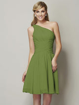 Classy Sleeveless One Shoulders Ruched Short Chiffon Bridesmaid Dresses-Ballbella