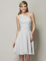 Classy Sleeveless One Shoulders Ruched Short Chiffon Bridesmaid Dresses-Ballbella
