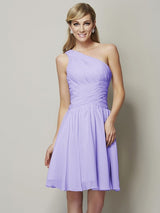 Classy Sleeveless One Shoulders Ruched Short Chiffon Bridesmaid Dresses-Ballbella