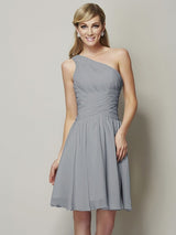 Classy Sleeveless One Shoulders Ruched Short Chiffon Bridesmaid Dresses-Ballbella