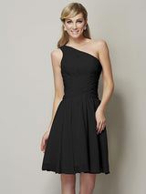 Classy Sleeveless One Shoulders Ruched Short Chiffon Bridesmaid Dresses-Ballbella