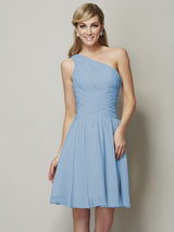 Classy Sleeveless One Shoulders Ruched Short Chiffon Bridesmaid Dresses-Ballbella