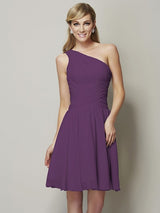 Classy Sleeveless One Shoulders Ruched Short Chiffon Bridesmaid Dresses-Ballbella
