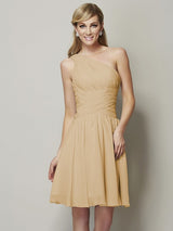 Classy Sleeveless One Shoulders Ruched Short Chiffon Bridesmaid Dresses-Ballbella