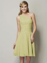 Classy Sleeveless One Shoulders Ruched Short Chiffon Bridesmaid Dresses-Ballbella