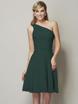 Classy Sleeveless One Shoulders Ruched Short Chiffon Bridesmaid Dresses-Ballbella