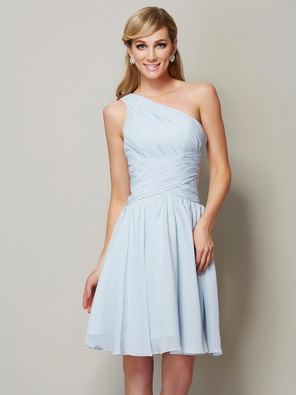 one shoulder dresses short Classy Sleeveless One Shoulders Ruched Short Chiffon Bridesmaid Dresses