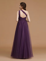 Classy Sleeveless One Shoulders Ruched Tulle Bridesmaid Dresses-Ballbella