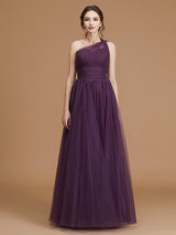 Classy Sleeveless One Shoulders Ruched Tulle Bridesmaid Dresses-Ballbella