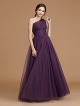 Classy Sleeveless One Shoulders Ruched Tulle Bridesmaid Dresses-Ballbella