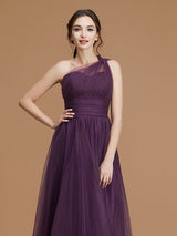 Classy Sleeveless One Shoulders Ruched Tulle Bridesmaid Dresses-Ballbella