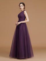 Classy Sleeveless One Shoulders Ruched Tulle Bridesmaid Dresses-Ballbella