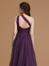 Classy Sleeveless One Shoulders Ruched Tulle Bridesmaid Dresses-Ballbella