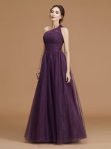 Classy Sleeveless One Shoulders Ruched Tulle Bridesmaid Dresses-Ballbella