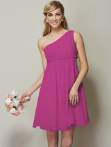 Classy Sleeveless One Shoulders Sash/Ribbon/Belt Short Chiffon Bridesmaid Dresses-Ballbella