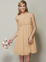 Classy Sleeveless One Shoulders Sash/Ribbon/Belt Short Chiffon Bridesmaid Dresses-Ballbella