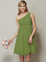 Classy Sleeveless One Shoulders Sash/Ribbon/Belt Short Chiffon Bridesmaid Dresses-Ballbella