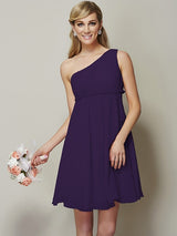 Classy Sleeveless One Shoulders Sash/Ribbon/Belt Short Chiffon Bridesmaid Dresses-Ballbella